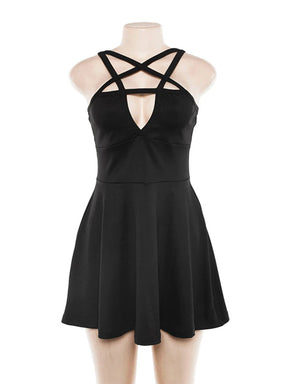 Black sleeveless skater dress on a torso form against white, showing the pentagram neckline straps, triangular front cutout and gently flared skirt without styling accessories.