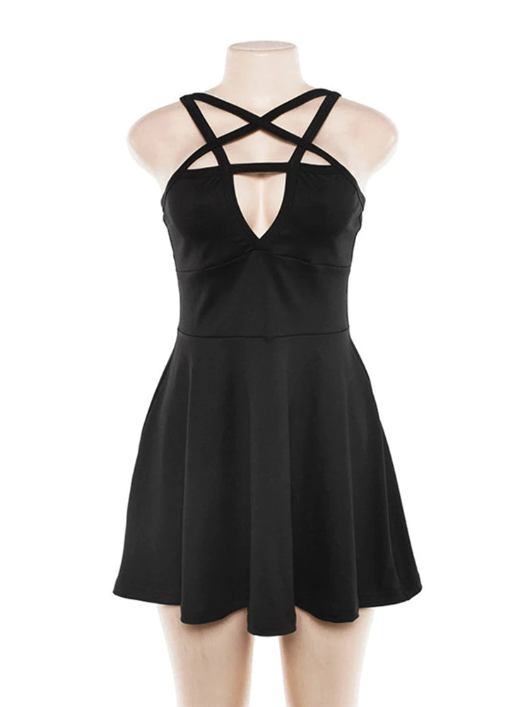 Black sleeveless skater dress on a torso form against white, showing the pentagram neckline straps, triangular front cutout and gently flared skirt without styling accessories.