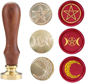 Three wax seal heads with one wooden handle, showing pentagram, triple moon and crescent designs beside red wax samples.
