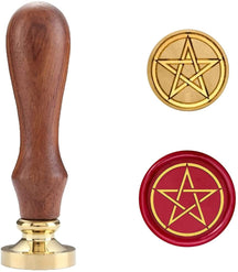 Pentagram wax seal stamp with a wooden handle, shown beside a red wax impression of the five-pointed star.