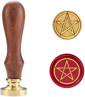 Pentagram wax seal stamp with a wooden handle, shown beside a red wax impression of the five-pointed star.