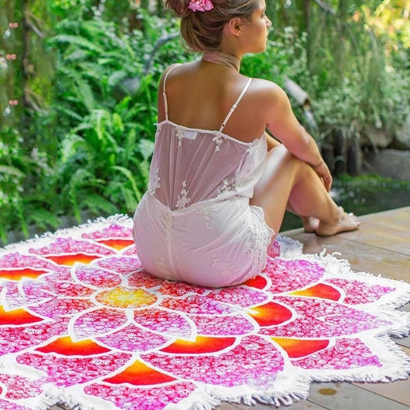 Pink Mandala Flower Area Rug Floor Yoga Mat Wall Tapestry Throw Blanket Fabric Tassels Spiritual Reiki Chakra Healing Hindu Buddhist by Arcane Trail
