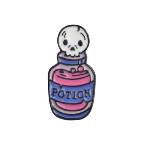 Pink potion-bottle enamel pin isolated on white, with a purple Potion label, bubbling liquid artwork and a white skull-shaped stopper.