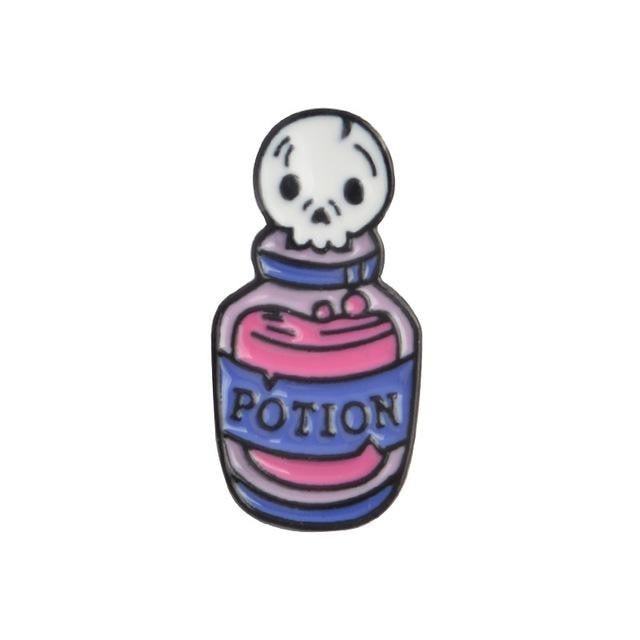 Pink potion-bottle enamel pin isolated on white, with a purple Potion label, bubbling liquid artwork and a white skull-shaped stopper.