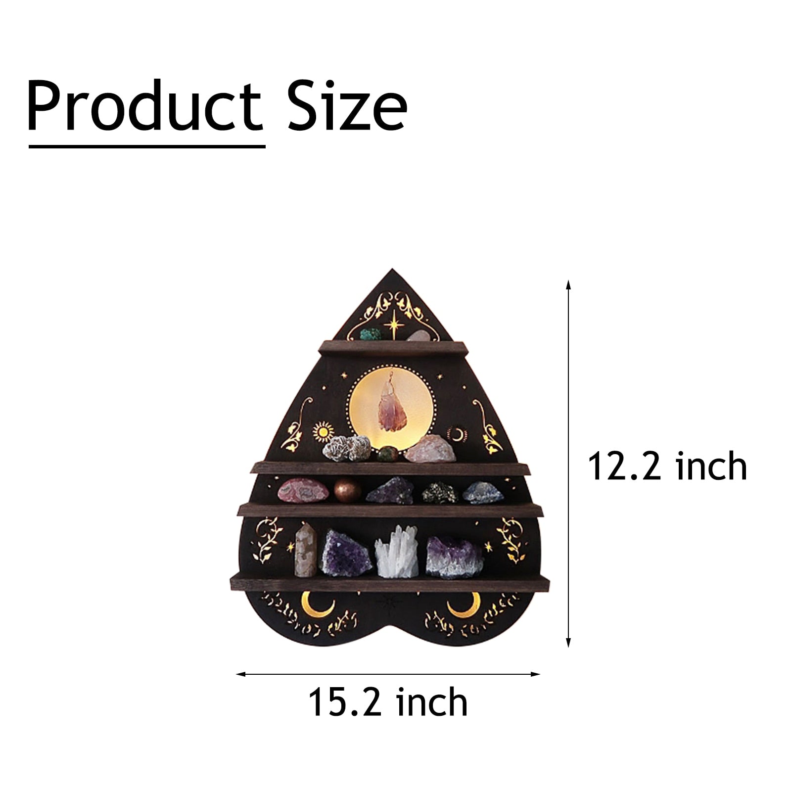 Measurement guide for the dark planchette-shaped wooden shelf, labeling the overall height 12.2 inches and width 15.2 inches.