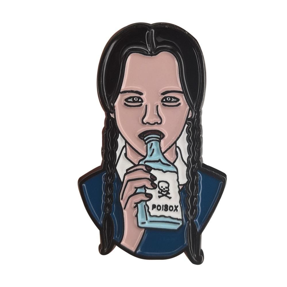 Gothic portrait enamel pin showing a figure with long black braids and a navy outfit lifting a pale blue bottle. The bottle label has a skull and the word Poison.