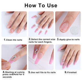 Six-panel press-on nail application guide showing nail preparation, adhesive placement and a false nail being pressed onto the natural nail. Pink example nails illustrate the steps.