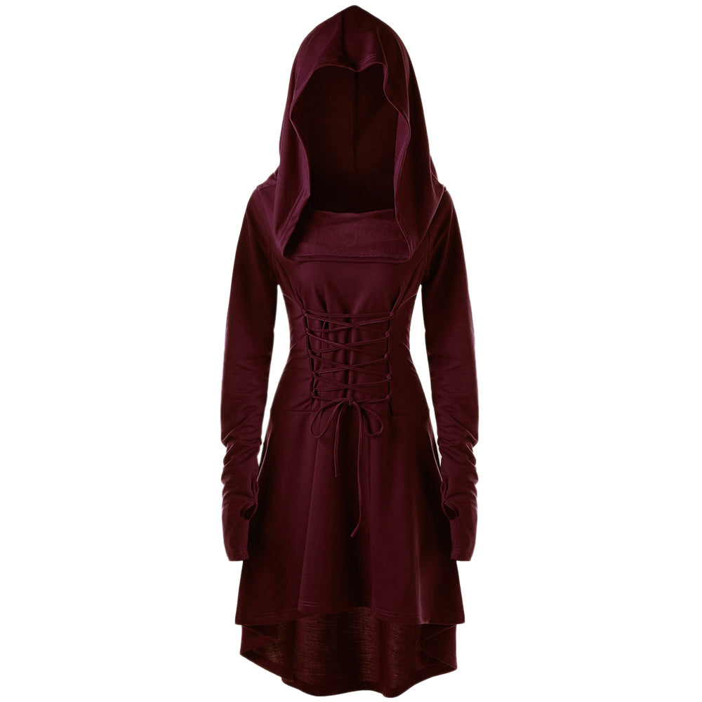 Maroon Red Cowl Hooded Robe Dress Long Sleeve Witch Coat Jacket Witchcraft Pagan Occult Satanism Ritual Goth Fashion 