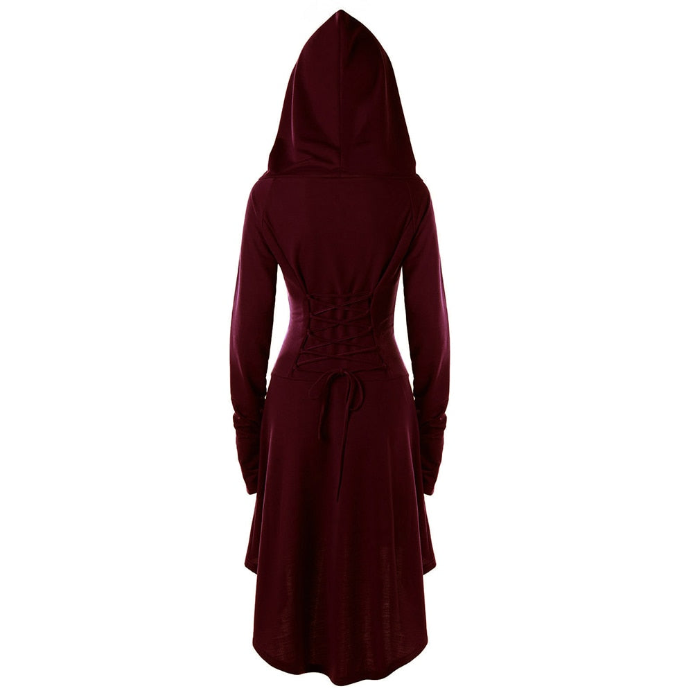 Maroon Red Cowl Hooded Robe Dress Long Sleeve Witch Coat Jacket Witchcraft Pagan Occult Satanism Ritual Goth Fashion 