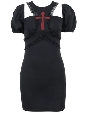 Puff Sleeve Chapel Dress - dress cross, crosses, goth dresses, lace dress, z1 Dresses