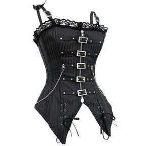 Angled front view of the black punk corset, showing the shaped waist, front hardware and pointed lace-up lower panels.
