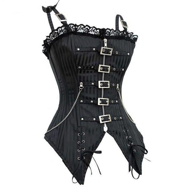 Angled front view of the black punk corset, showing the shaped waist, front hardware and pointed lace-up lower panels.