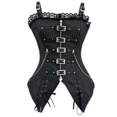 Front view of the black pinstripe corset with buckled shoulder straps, five silver-tone front buckles and lace-up pointed panels.