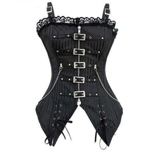 Front view of the black pinstripe corset with buckled shoulder straps, five silver-tone front buckles and lace-up pointed panels.