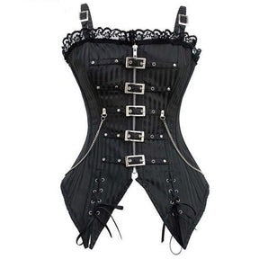 Front view of the black pinstripe corset with buckled shoulder straps, five silver-tone front buckles and lace-up pointed panels.