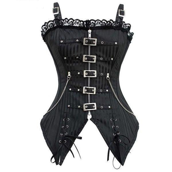 Front view of the black pinstripe corset with buckled shoulder straps, five silver-tone front buckles and lace-up pointed panels.