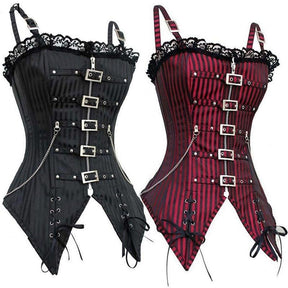 Black and red pinstripe punk corsets displayed side by side, each with five front buckles, lace edging, side chains and pointed lower panels.