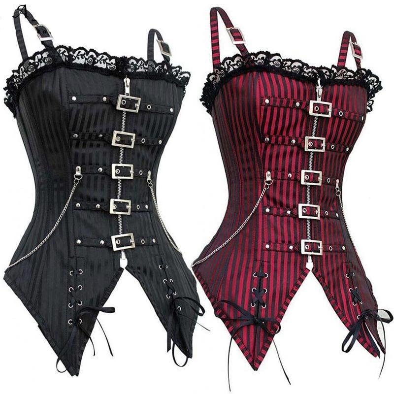 Black and red pinstripe punk corsets displayed side by side, each with five front buckles, lace edging, side chains and pointed lower panels.