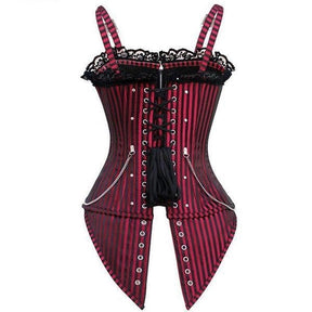 Rear view of the red pinstripe corset, showing black back lacing, silver-tone eyelets and draped side chains.