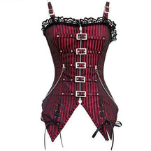 Red and black pinstripe corset shown from the front, with black buckle straps, silver-tone chains and lace neckline trim.