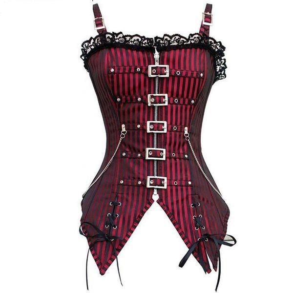 Red and black pinstripe corset shown from the front, with black buckle straps, silver-tone chains and lace neckline trim.