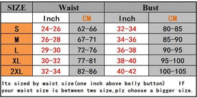 Size chart for the punk pinstripe corset, listing waist and bust ranges from S through 2XL in inches and centimeters.