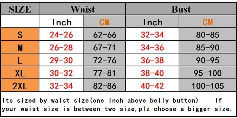 Size chart for the punk pinstripe corset, listing waist and bust ranges from S through 2XL in inches and centimeters.