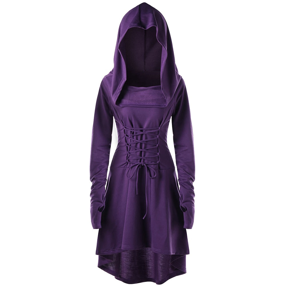 Purple cowl hooded dress displayed from the front with the hood raised, matching waist lacing and a high-low hem.