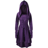 Purple cowl hooded dress displayed from the front with the hood raised, matching waist lacing and a high-low hem.
