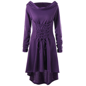 Purple lace-up dress shown from the front with the hood down as a draped cowl neckline.