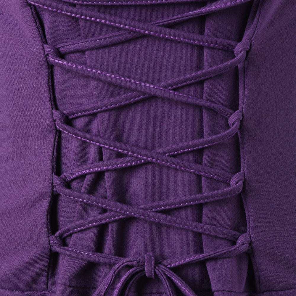 Close-up of matching purple cords crossed through loops at the waist and tied in a bow.