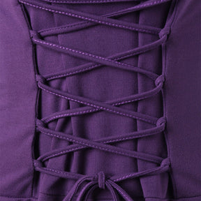 Close-up of matching purple cords crossed through loops at the waist and tied in a bow.