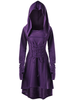 Purple hooded dress in a full front view, with long sleeves, waist lacing and a longer back hem.