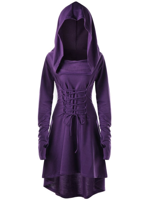 Purple hooded dress in a full front view, with long sleeves, waist lacing and a longer back hem.