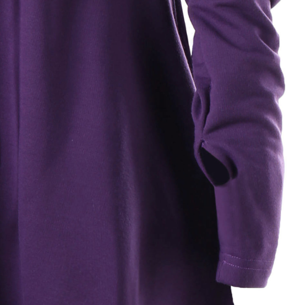 Close-up of the purple dress sleeve, showing the thumb opening near the cuff.