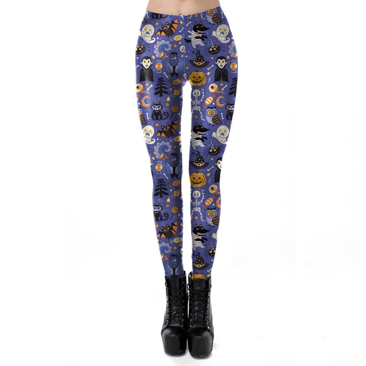 Front view of purple-blue Halloween leggings covered in orange pumpkins, white ghosts, skulls, bats and moons, worn with black platform boots.