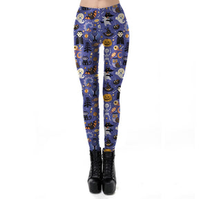 Front view of purple-blue Halloween leggings covered in orange pumpkins, white ghosts, skulls, bats and moons, worn with black platform boots.