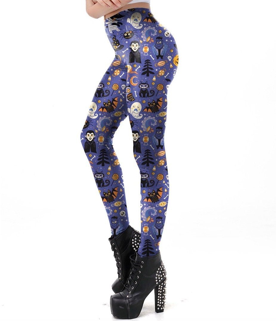 Side view of fitted Halloween collage leggings, showing the purple-blue print and orange jack-o-lanterns running down the full-length legs.