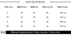Halloween leggings size chart for S, M, L and XL, listing waist, hip and length measurements in centimeters alongside garment weights.