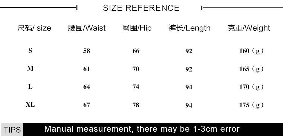 Halloween leggings size chart for S, M, L and XL, listing waist, hip and length measurements in centimeters alongside garment weights.