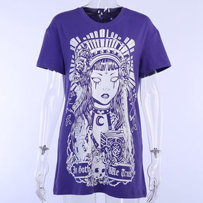 In Goth We Trust graphic T-shirt in Purple, displayed from the front on a mannequin.