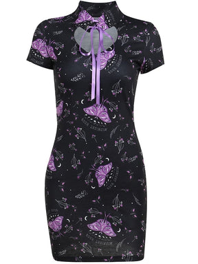 Black cheongsam-inspired mini dress isolated on white, with purple moths, short sleeves and a ribbon-tied keyhole collar.