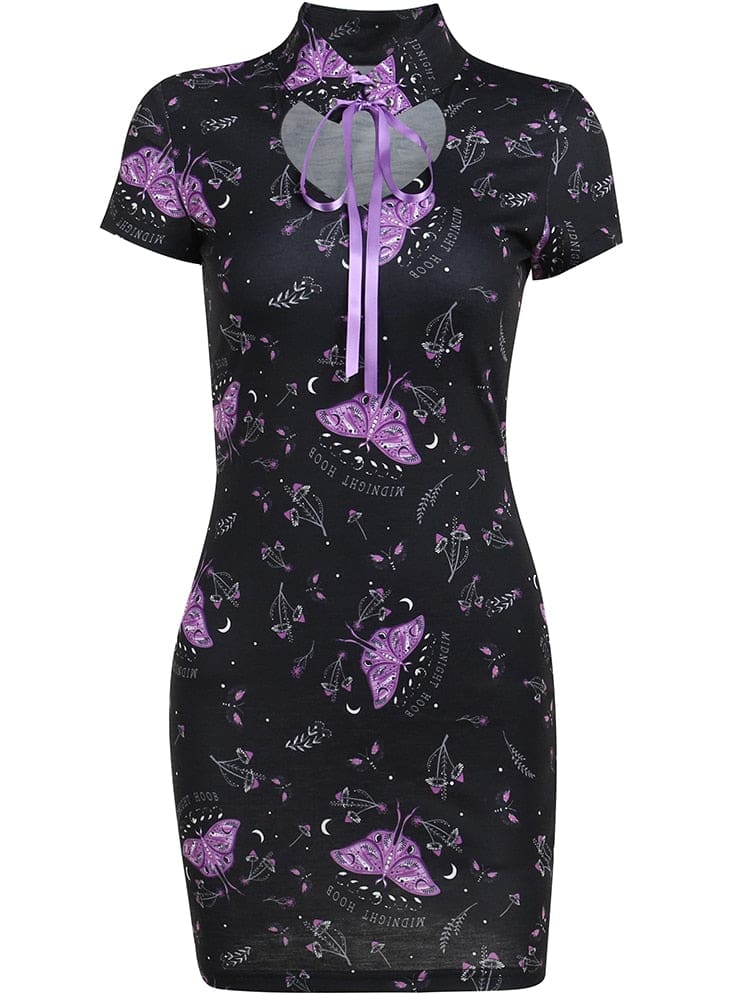 Black cheongsam-inspired mini dress isolated on white, with purple moths, short sleeves and a ribbon-tied keyhole collar.