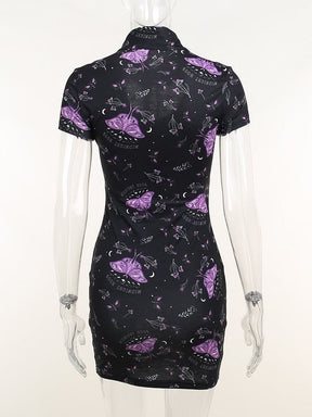 Rear view of the black and purple moth dress on a clear mannequin. The print continues across the closed back and short skirt.