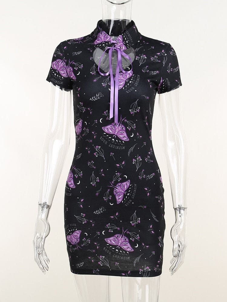 Purple moth mini dress on a clear mannequin, with a tied mandarin collar, short sleeves and a fitted black body.