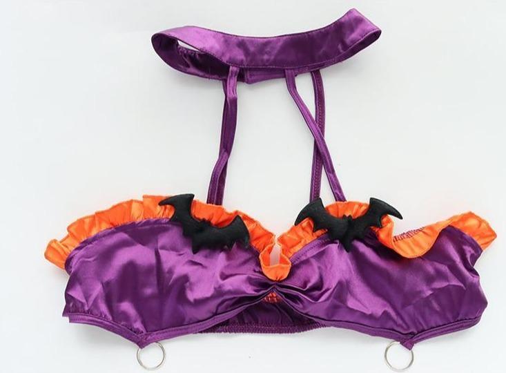 Purple and orange ruffled bat monokini with black bat embellishments, a matching neckband, and narrow side ties