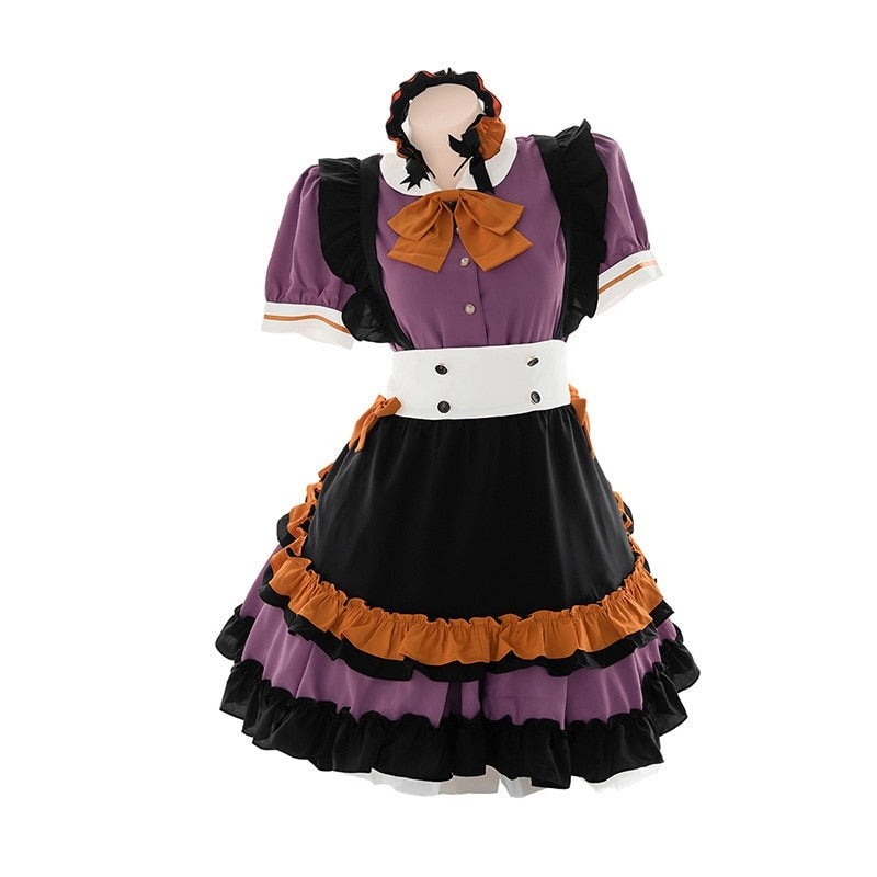 Full mannequin view of the purple and black Halloween dress on white, showing the complete skirt shape and orange-trimmed apron front.