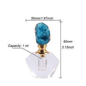 Measurement guide for a blue crystal-topped perfume bottle, showing 50mm width, 80mm height and 1ml capacity.