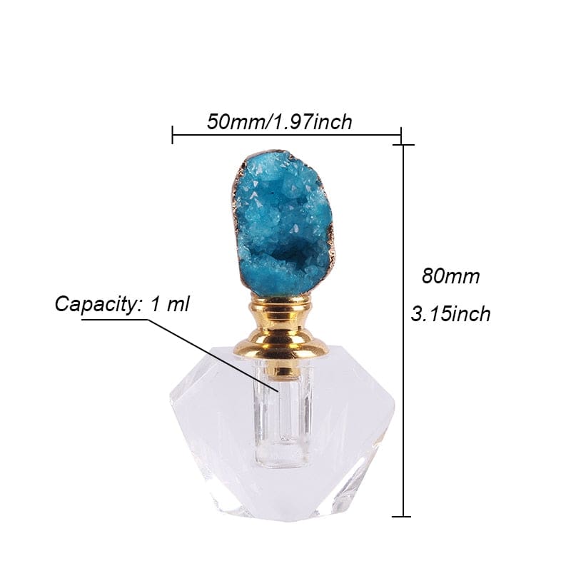Measurement guide for a blue crystal-topped perfume bottle, showing 50mm width, 80mm height and 1ml capacity.