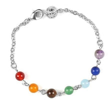 Silver-tone chain bracelet arranged in a circle, with seven coloured beads and an openwork ball beside the clasp.